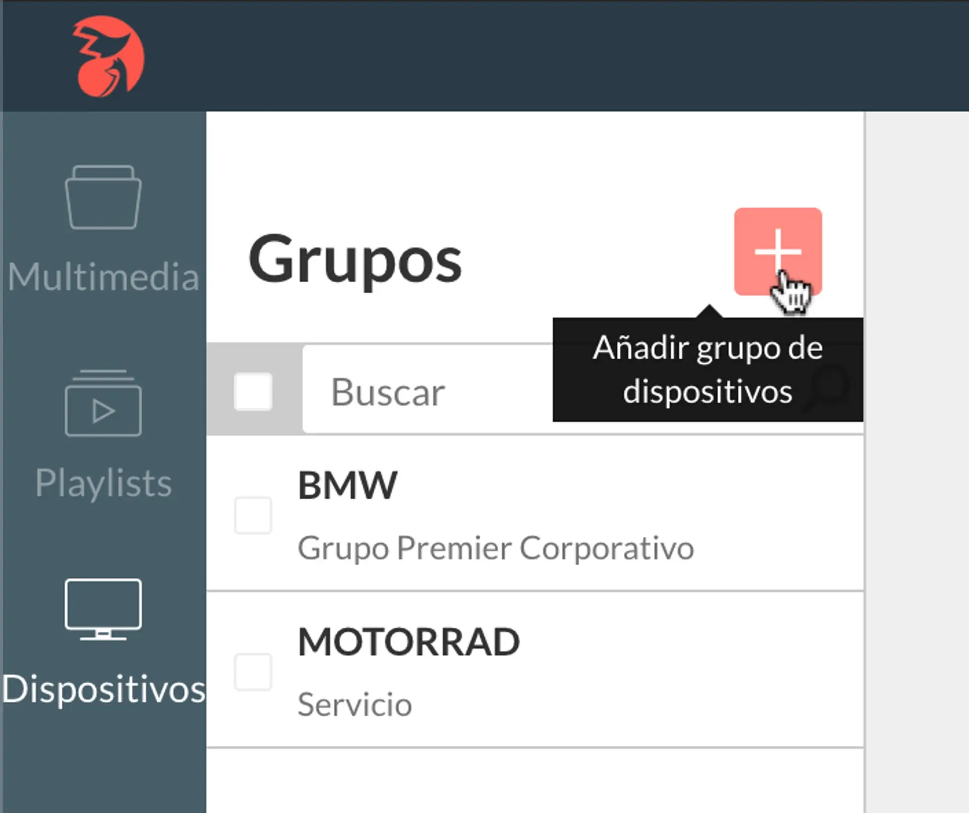 Pestaña Dispositivos y botón para nuevo grupo