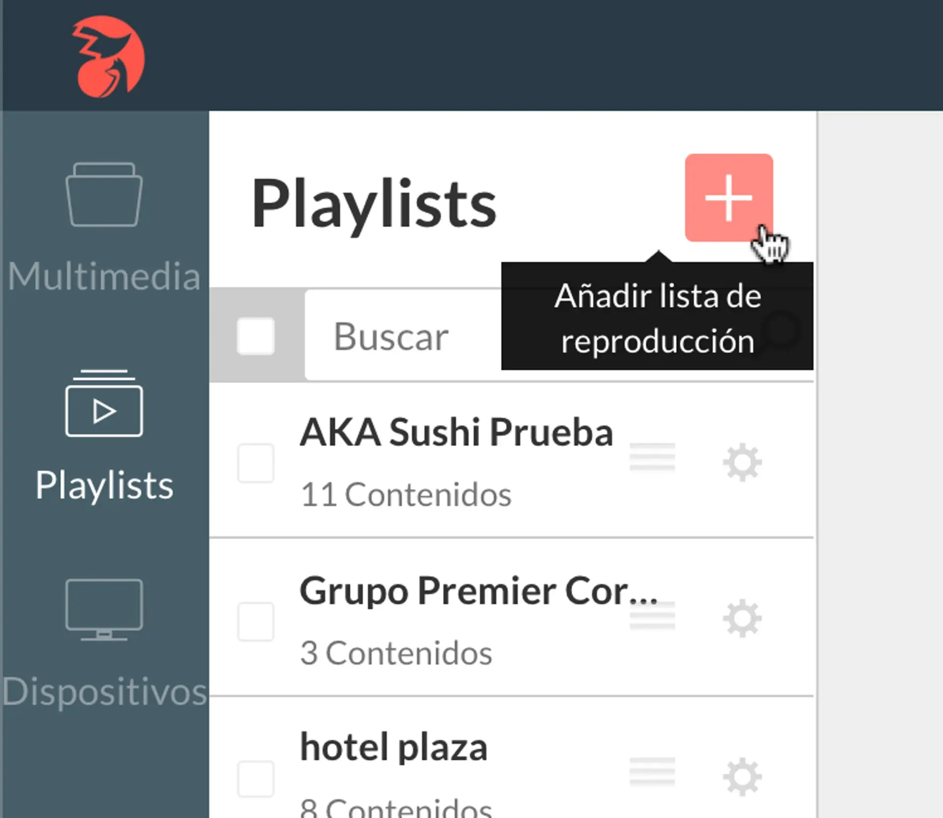 Pestaña Playlists y botón para crear lista
